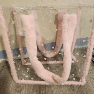 Pink Furry Handle Clear Tote Bag